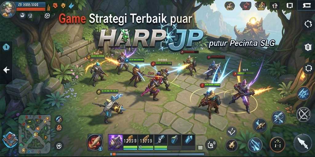 Screenshot gameplay HARAPJP menampilkan pertempuran epik dan pembangunan kerajaan.