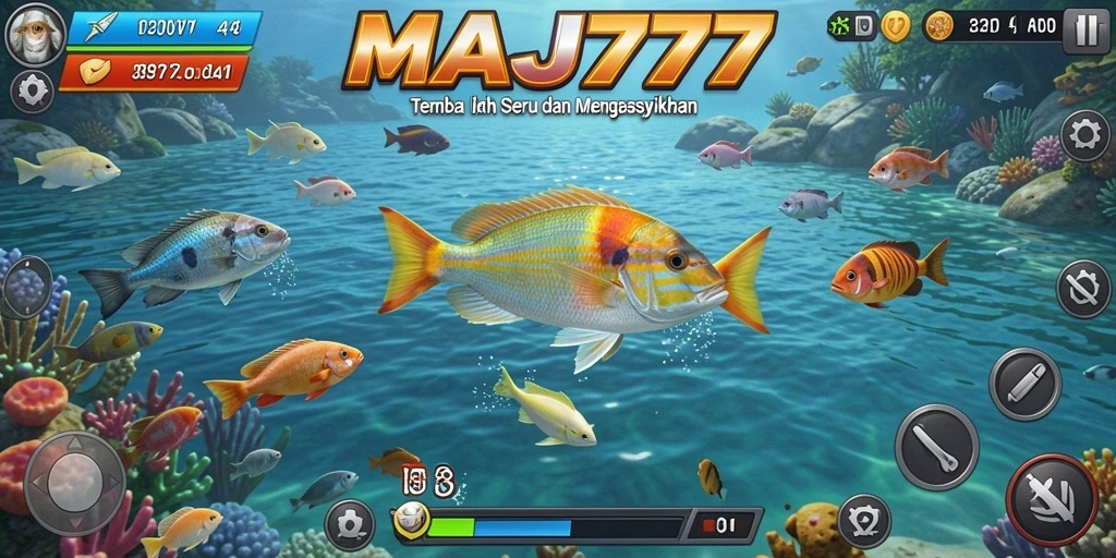 Tampilan gameplay seru dalam MAJ777 saat menembak ikan di laut.