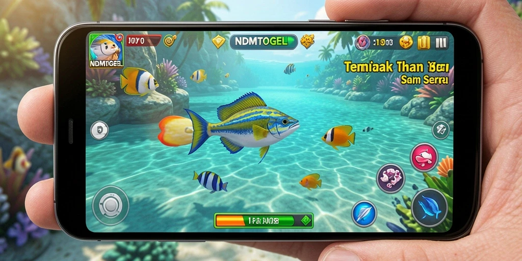 Tampilan gameplay seru NDMTOGEL dengan aksi menembak ikan.