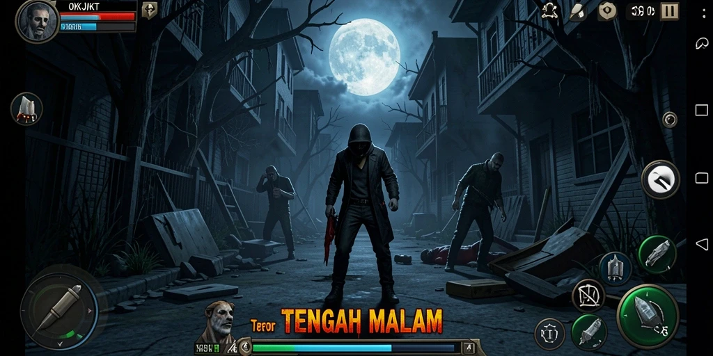 Screenshot gameplay OKJKT yang menampilkan suasana horor yang mencekam.