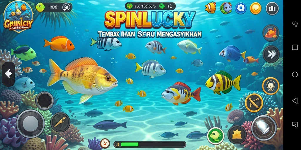 Tampilan gameplay seru dalam SPINLUCKY dengan aksi Tembak Ikan yang menantang.