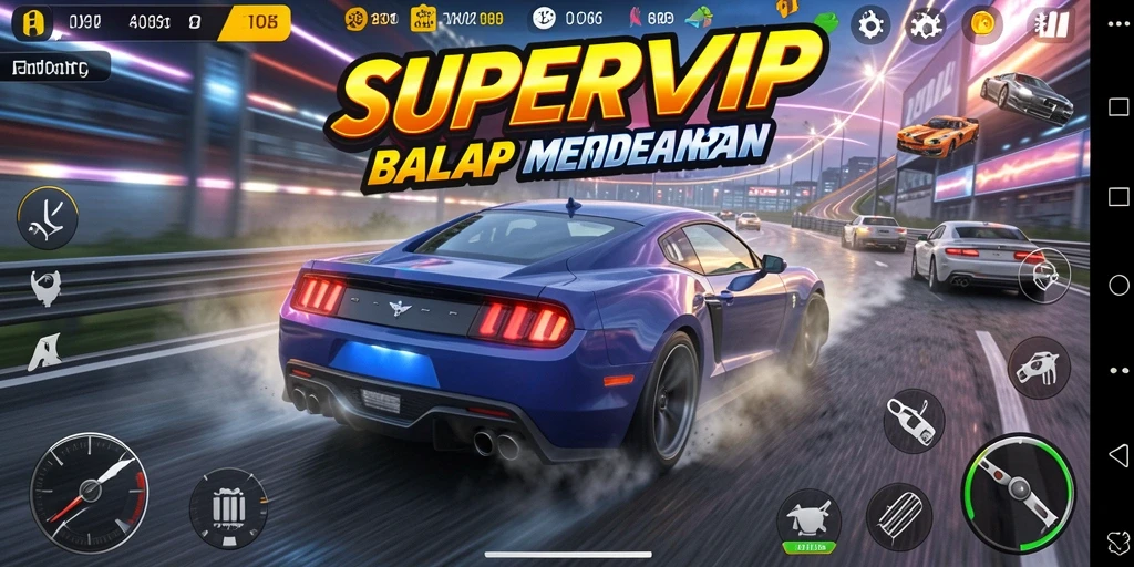 Screenshot gameplay balap SUPERVIP menampilkan aksi mendebarkan dalam perlombaan.