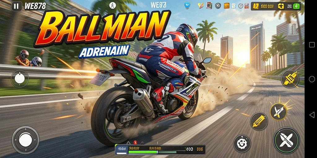 Screenshot gameplay WE878 menunjukkan aksi balapan motor yang menegangkan.